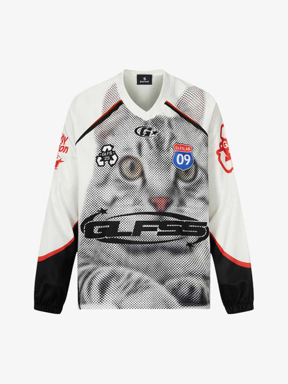 Retro Cat Digital Print Long Sleeve Jersey T-Shirt 
