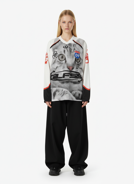 Retro Cat Digital Print Long Sleeve Jersey T-Shirt