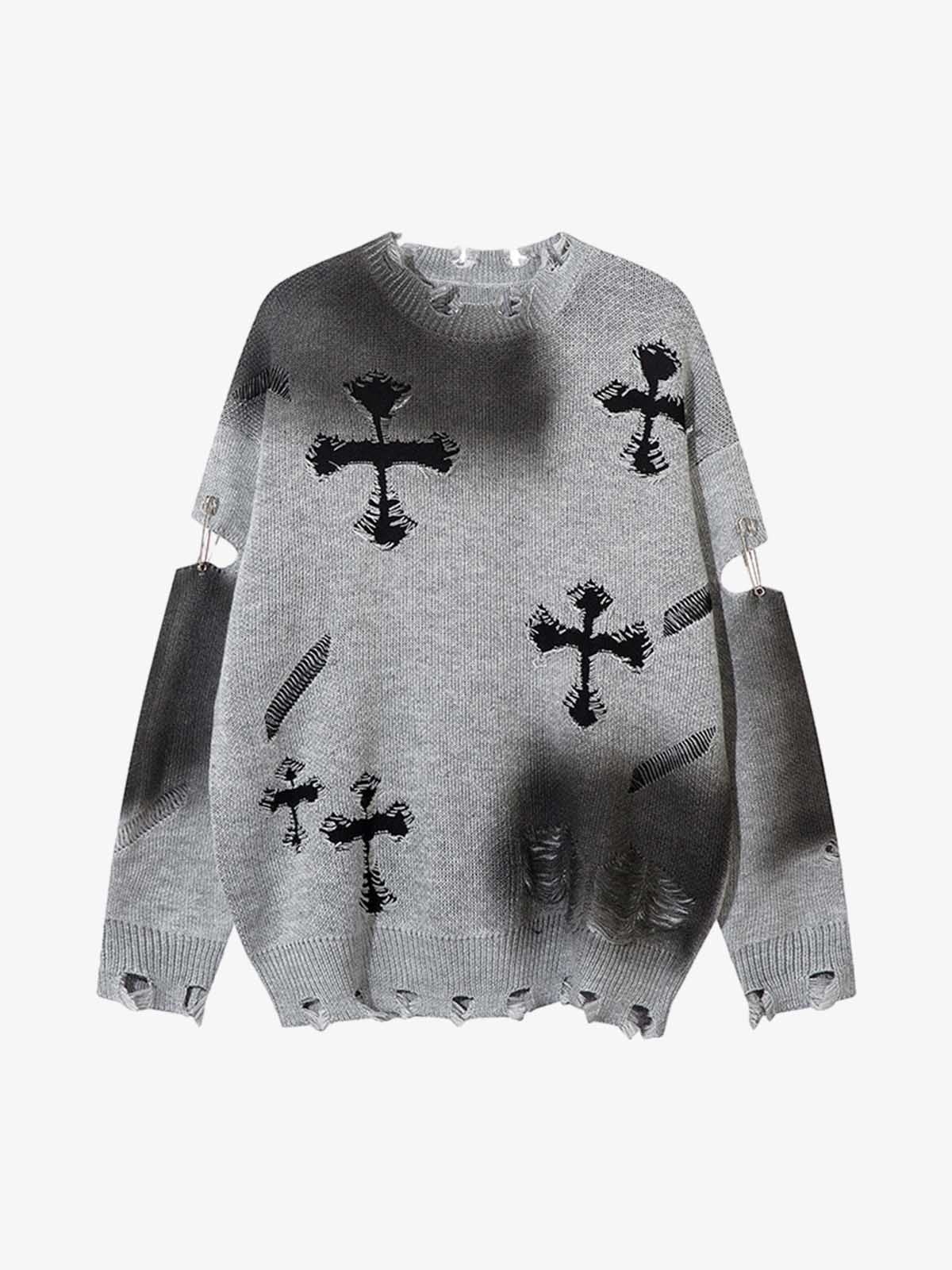 Vintage Spray-Painted Cross Hole Knit Sweater 