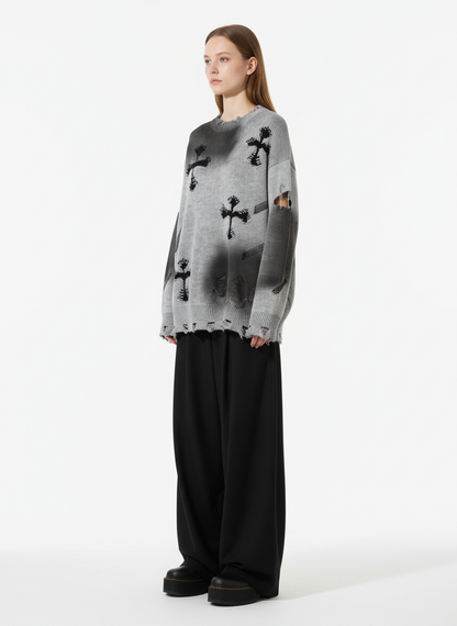 Vintage Spray-Painted Cross Hole Knit Sweater