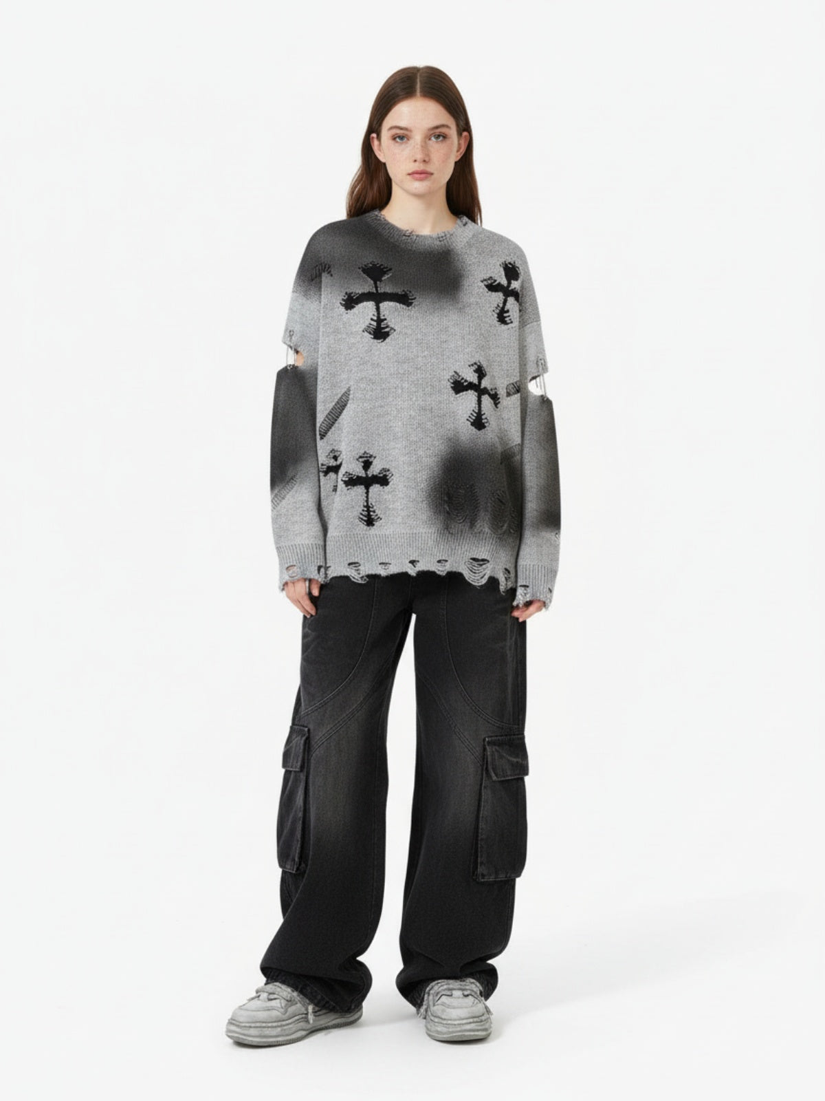 Vintage Spray-Painted Cross Hole Knit Sweater