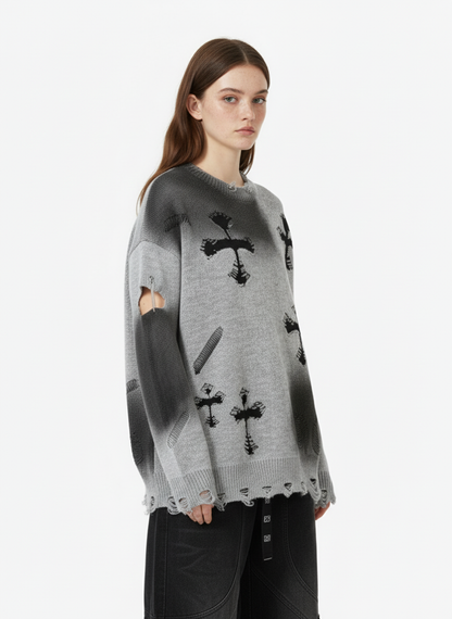 Vintage Spray-Painted Cross Hole Knit Sweater