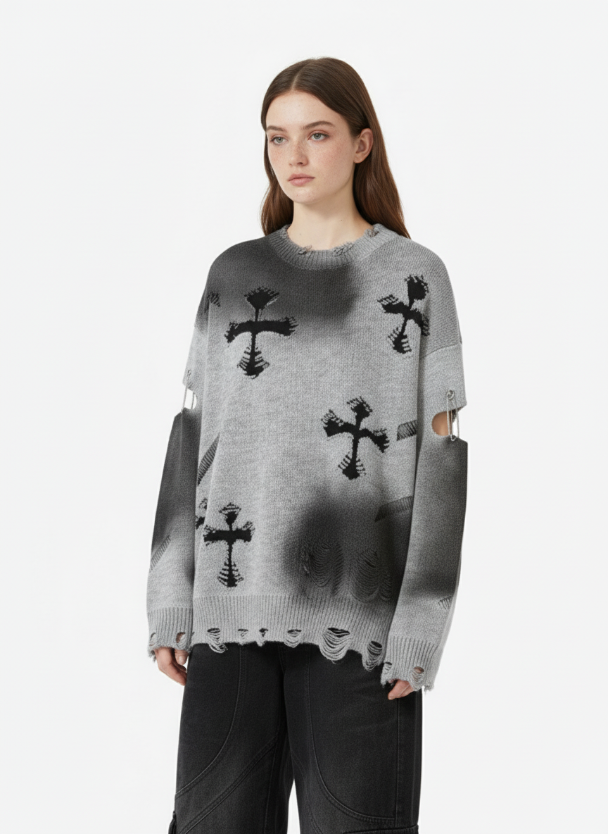 Vintage Spray-Painted Cross Hole Knit Sweater
