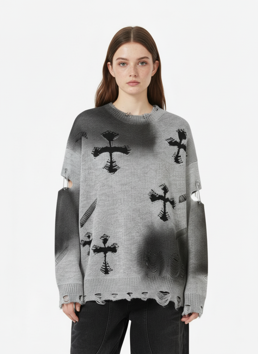 Vintage Spray-Painted Cross Hole Knit Sweater