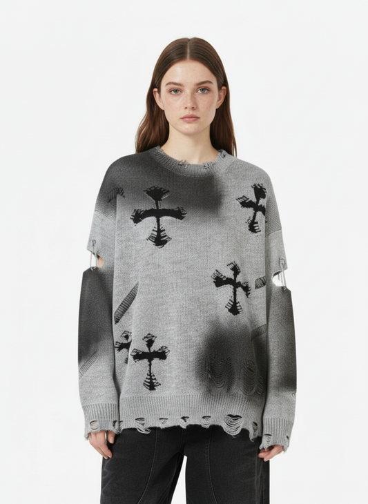 Vintage Spray-Painted Cross Hole Knit Sweater