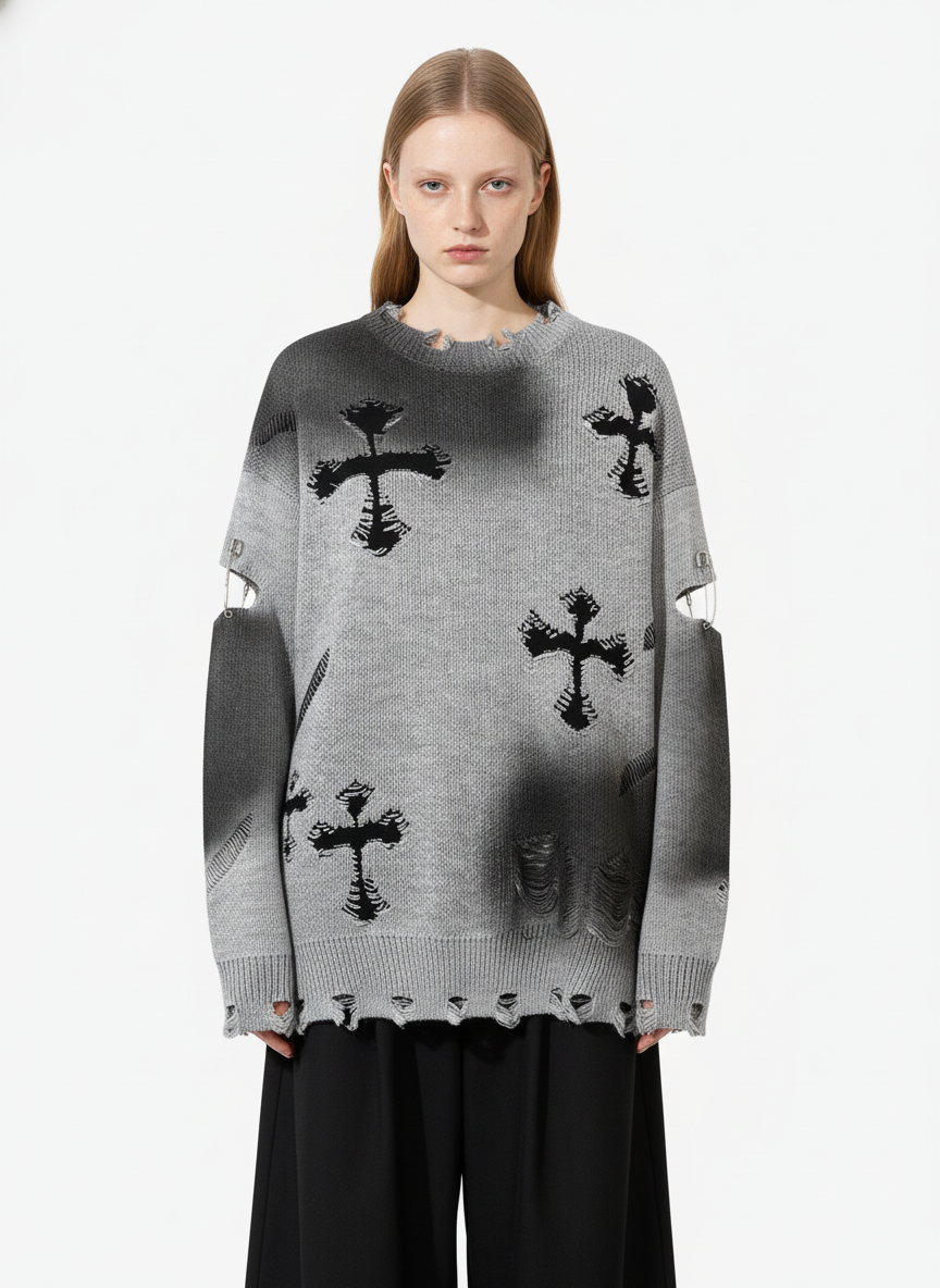 Vintage Spray-Painted Cross Hole Knit Sweater
