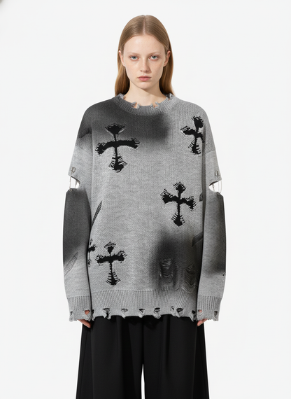 Vintage Spray-Painted Cross Hole Knit Sweater