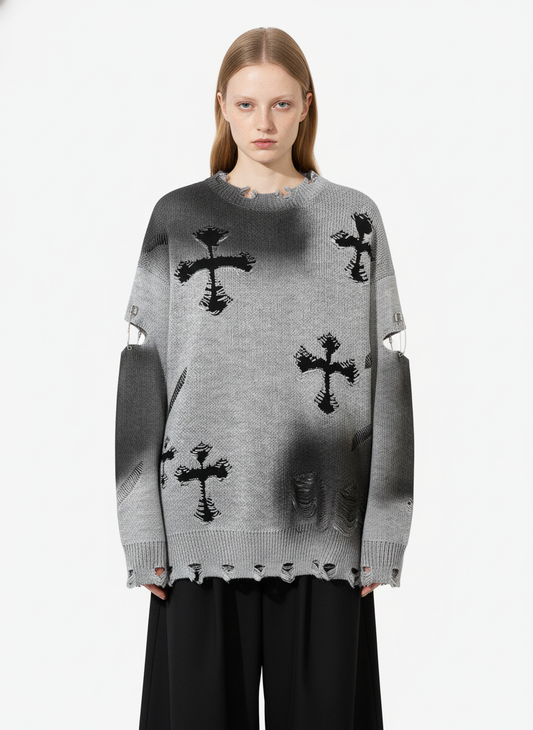 Vintage Spray-Painted Cross Hole Knit Sweater