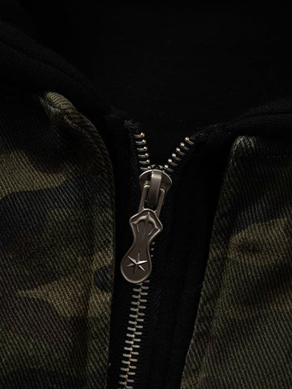 Camouflage Hooded Jacket with Distressed Details and Toggle Closure 