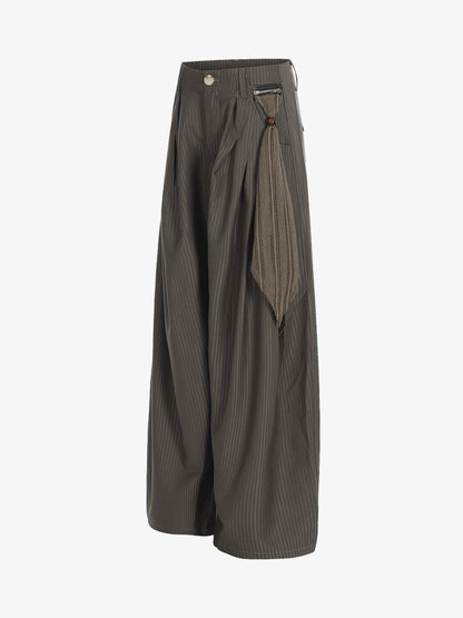 Pinstripe Pleated Wide Leg Trousers with Side Strap Detail