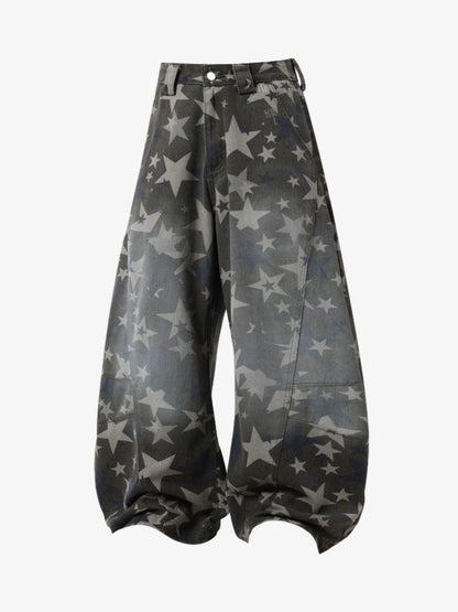 Denim Star Print Wide Leg Pants with Elastic Cuff for Casual Streetwear 