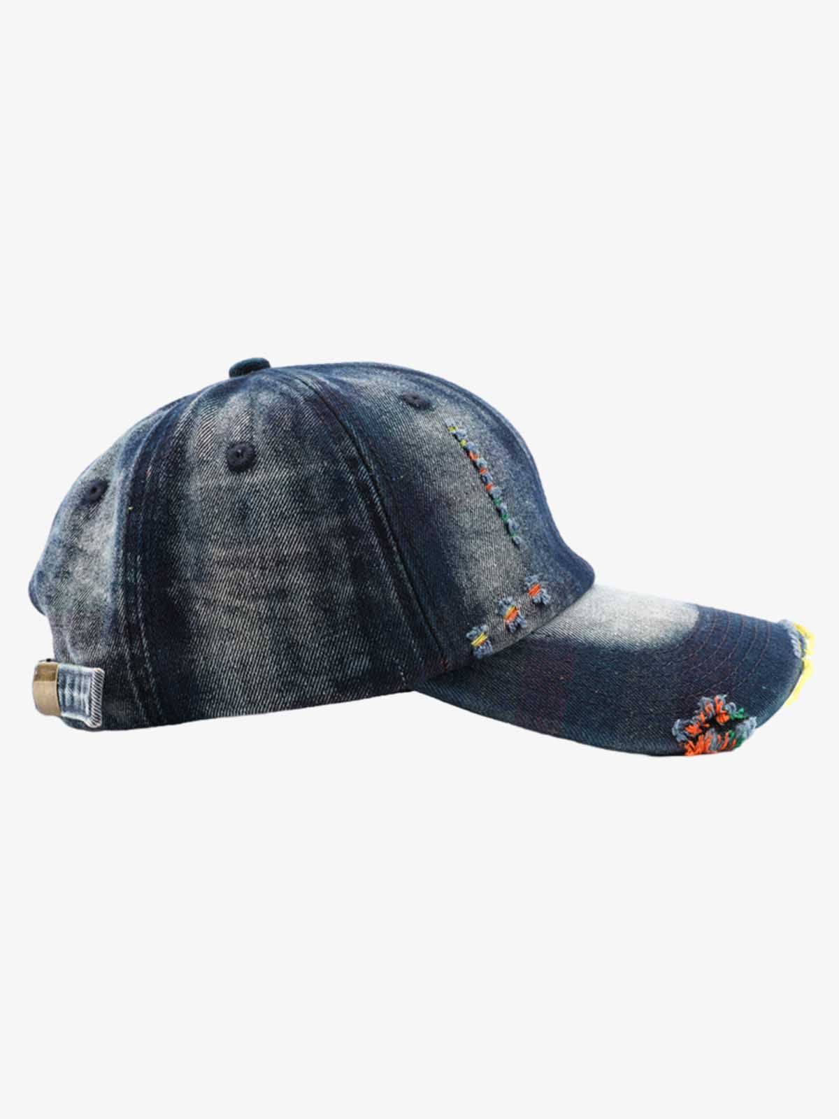 Denim Baseball Cap with Distressed Design and Colorful Stitching for Casual Wear?