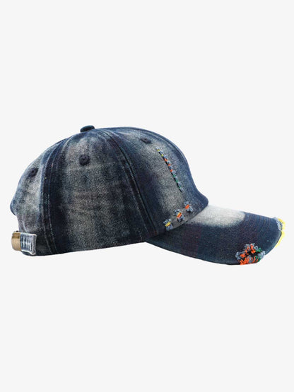 Denim Baseball Cap with Distressed Design and Colorful Stitching for Casual Wear?