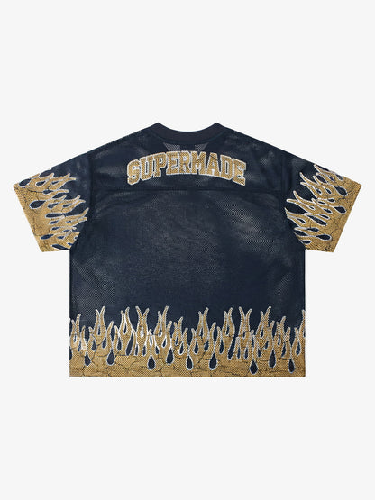 Mesh Flame Print Jersey T-Shirt with Supermade 25 Design 
