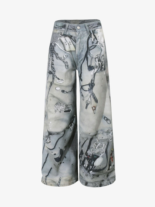 Abstract 3D Digital Print Wide-Leg Jeans
