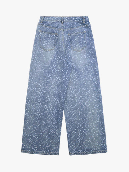 Thesupermade Ink Splashed Hotfix Rhinestone Baggy Jeans - 2306 
