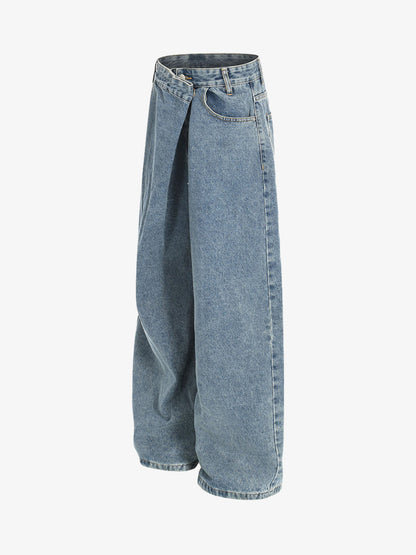 High-Waisted Wide-Leg Denim Pants with Asymmetrical Wrap Design 