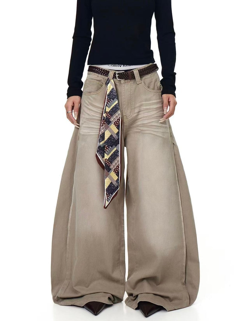 Cotton Wide Leg Pants with Belted Scarf Detail - Comfortable High Waist Culottes for Women 