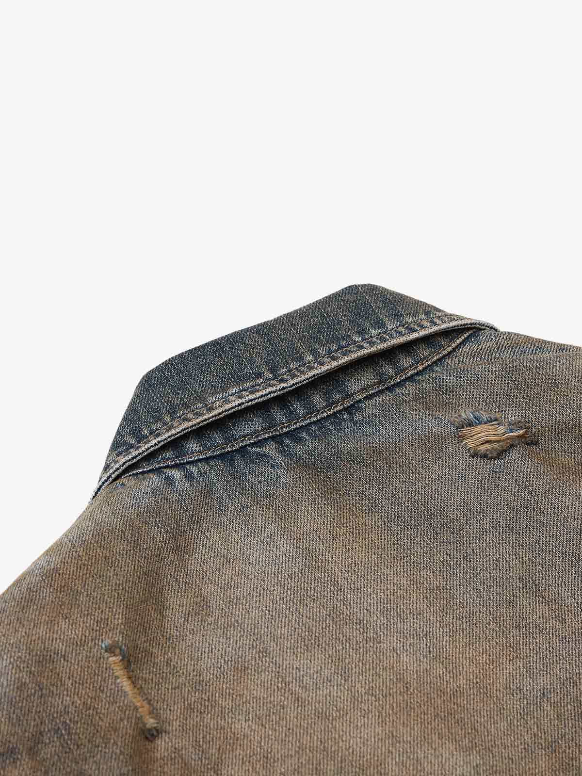 Vintage Washed Distressed Denim Zip Up Jacket