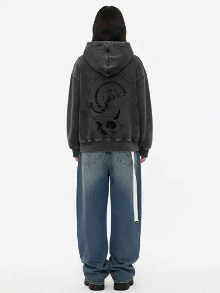 Thesupermade Washed Gray Distressed Double Zipper Cardigan Hooded Sweatshirt with Hand-painted Skull Clock 