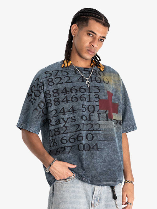 300G Jade Pattern Dyeing Cotton T-Shirt Oversized Streetwear Graphic Tee with Number Print and Red Cross Design?