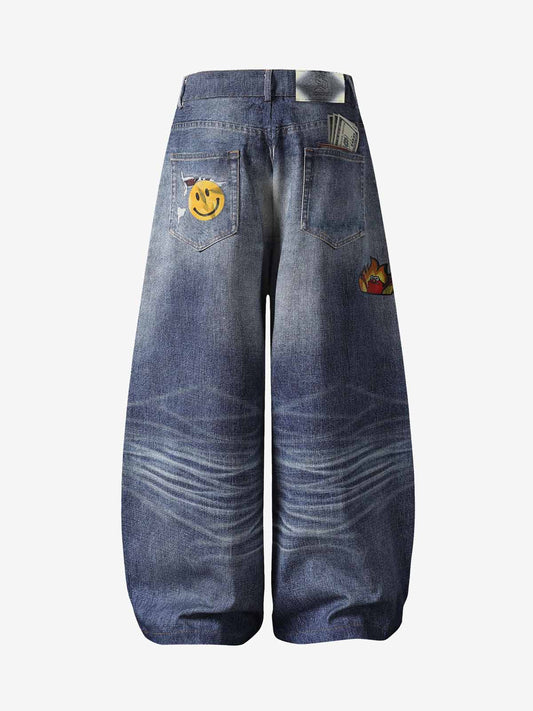 Denim Patchwork Wide Leg Jeans with Graphic Appliques and Distressed Details?