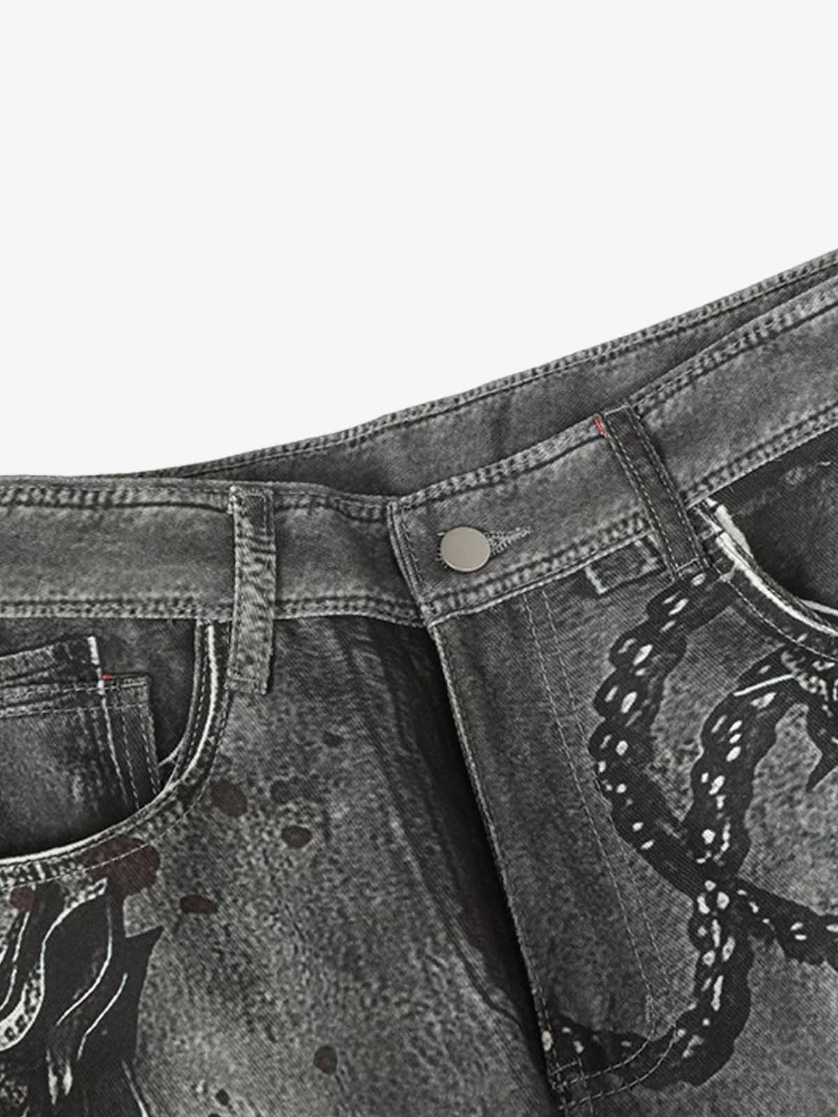 Black Printed Denim Wide-Leg Pants with Gothic Art Design for Men and Women 