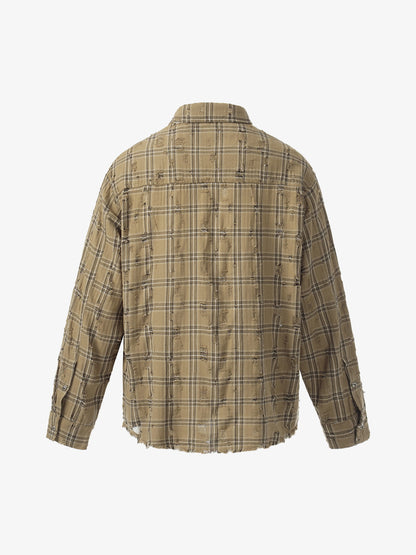 Ripped Plaid Cotton Long Sleeve Shirt for Men - Distressed Checkered Button-Up Casual overshirt?