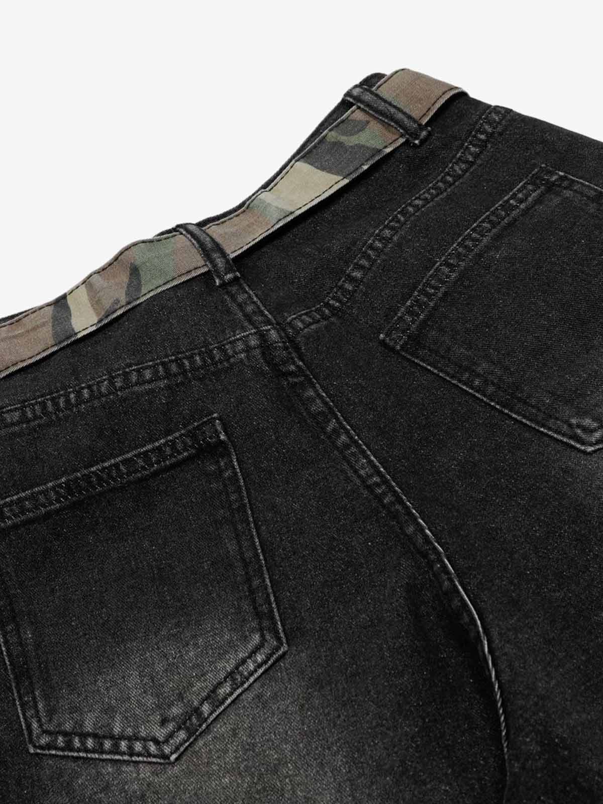 Distressed Camo-Trimmed Denim Trousers with Adjustable Waist 