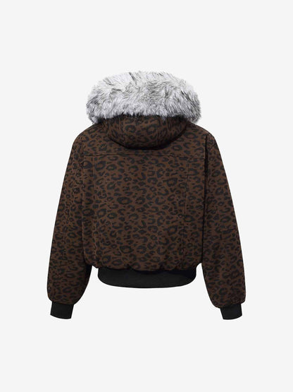 Retro Faux Fur Trimmed Hood Leopard Print Bomber Jacket 