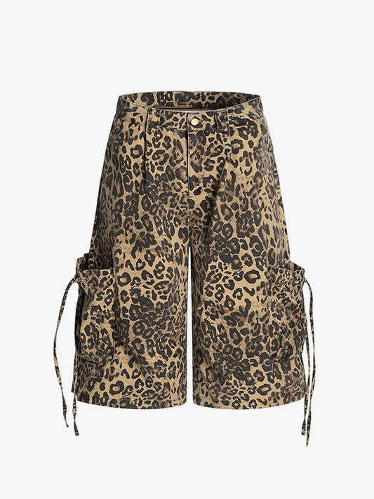 Retro Cheetah Print Pocket Drawstring Cropped Jorts 