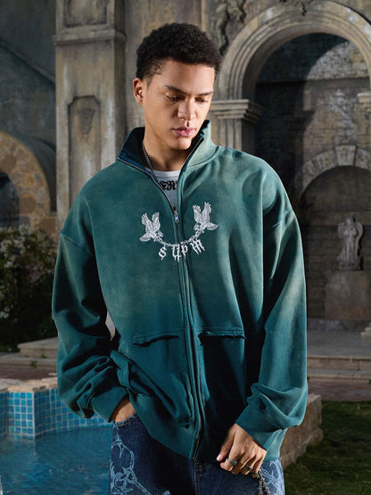 Supermade Gradient Eagle Embroidery Distressed Stand Collar Sweatshirt Jacket?