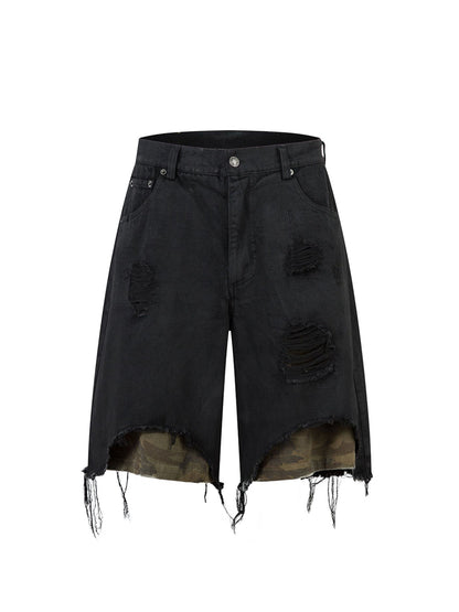 Distressed Ripped Black Denim Shorts 