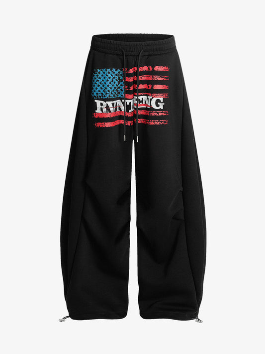 Retro Paratrooper Machete Pleated Design Printed Wide-Leg Pants 