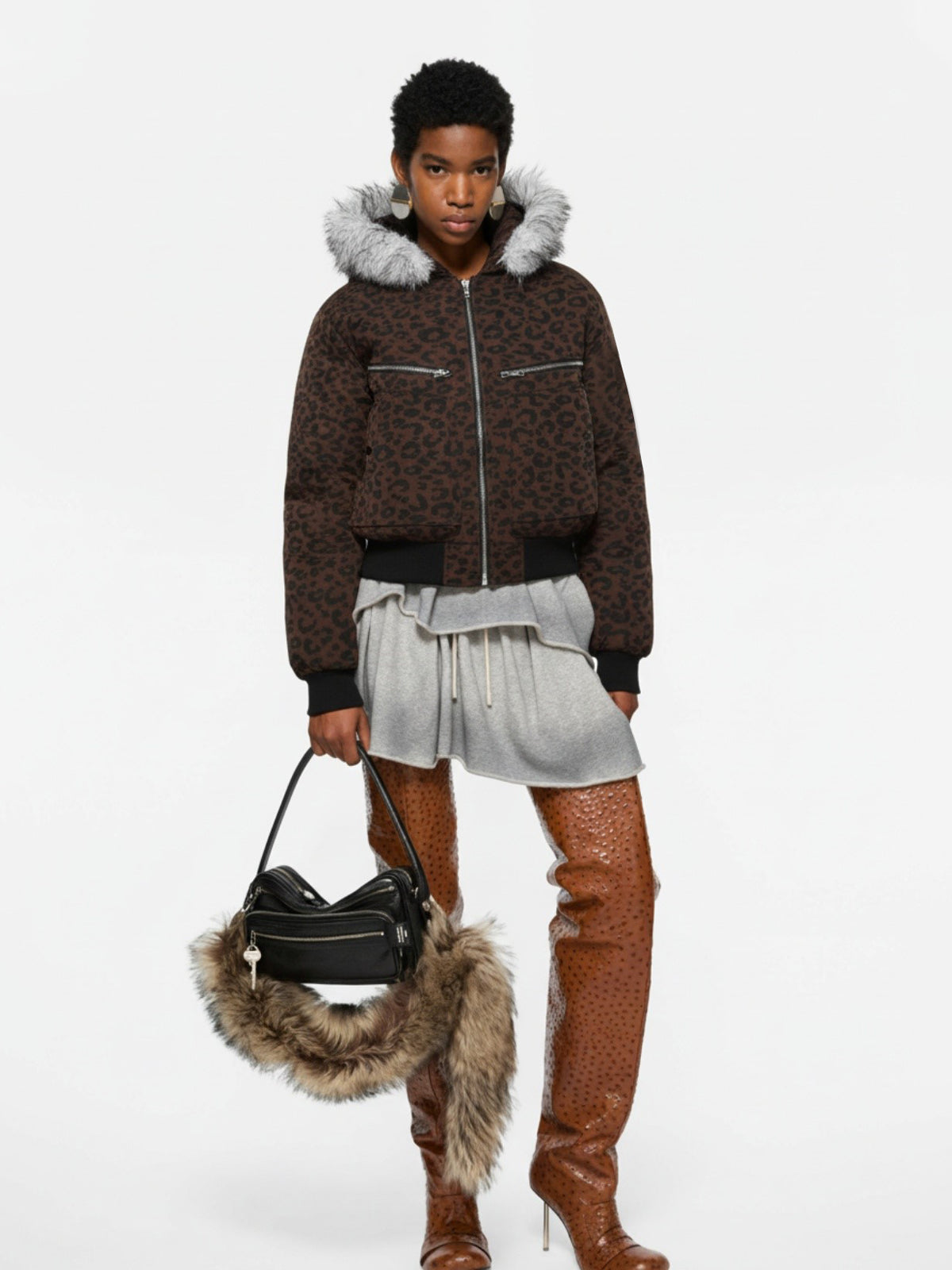 Retro Faux Fur Trimmed Hood Leopard Print Bomber Jacket