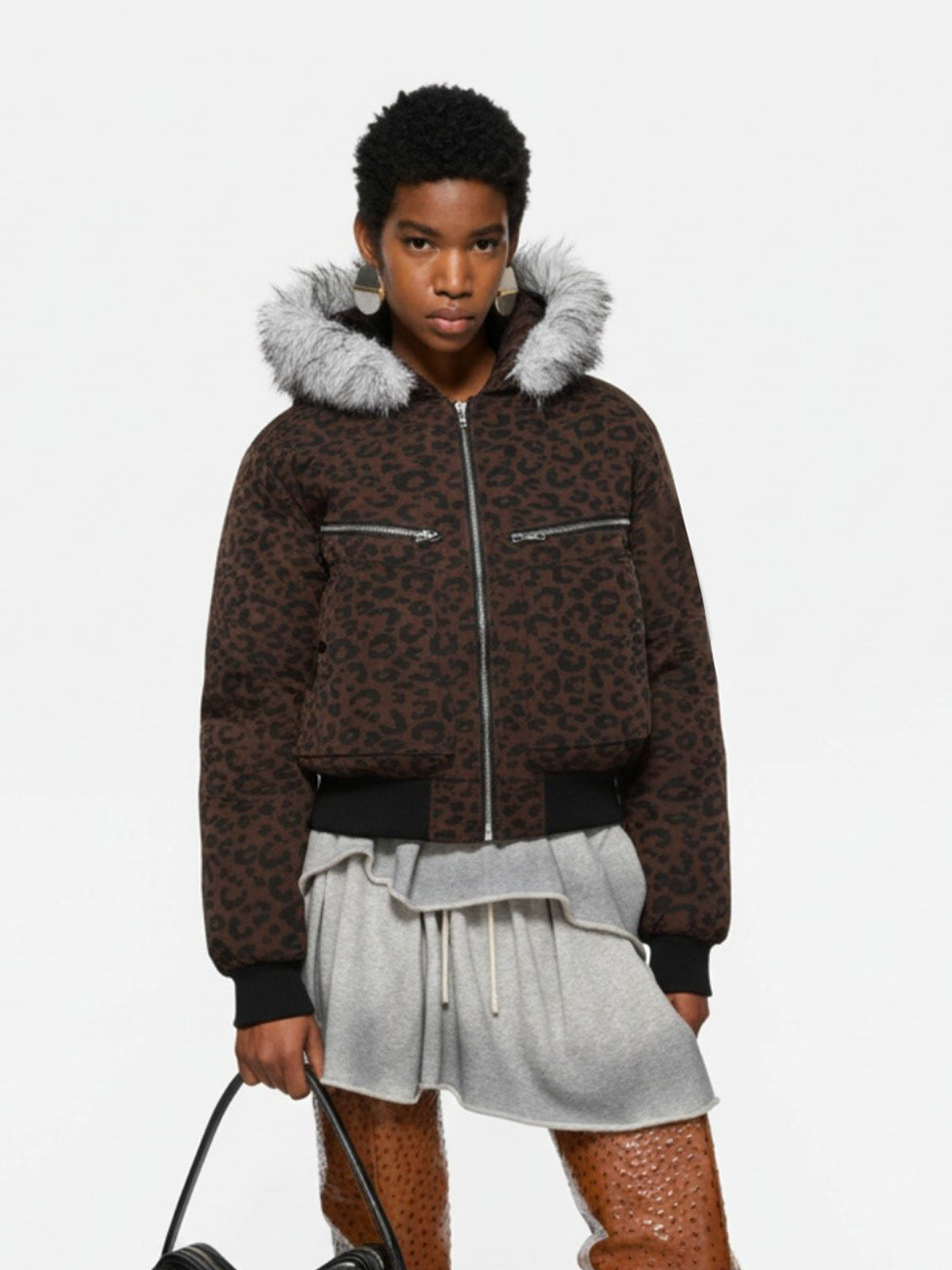 Retro Faux Fur Trimmed Hood Leopard Print Bomber Jacket