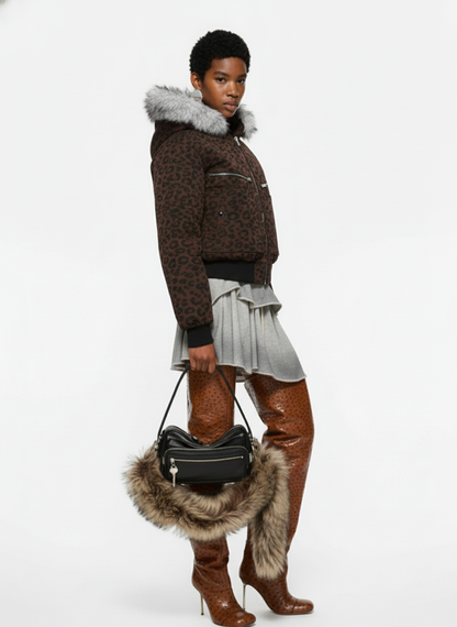 Retro Faux Fur Trimmed Hood Leopard Print Bomber Jacket