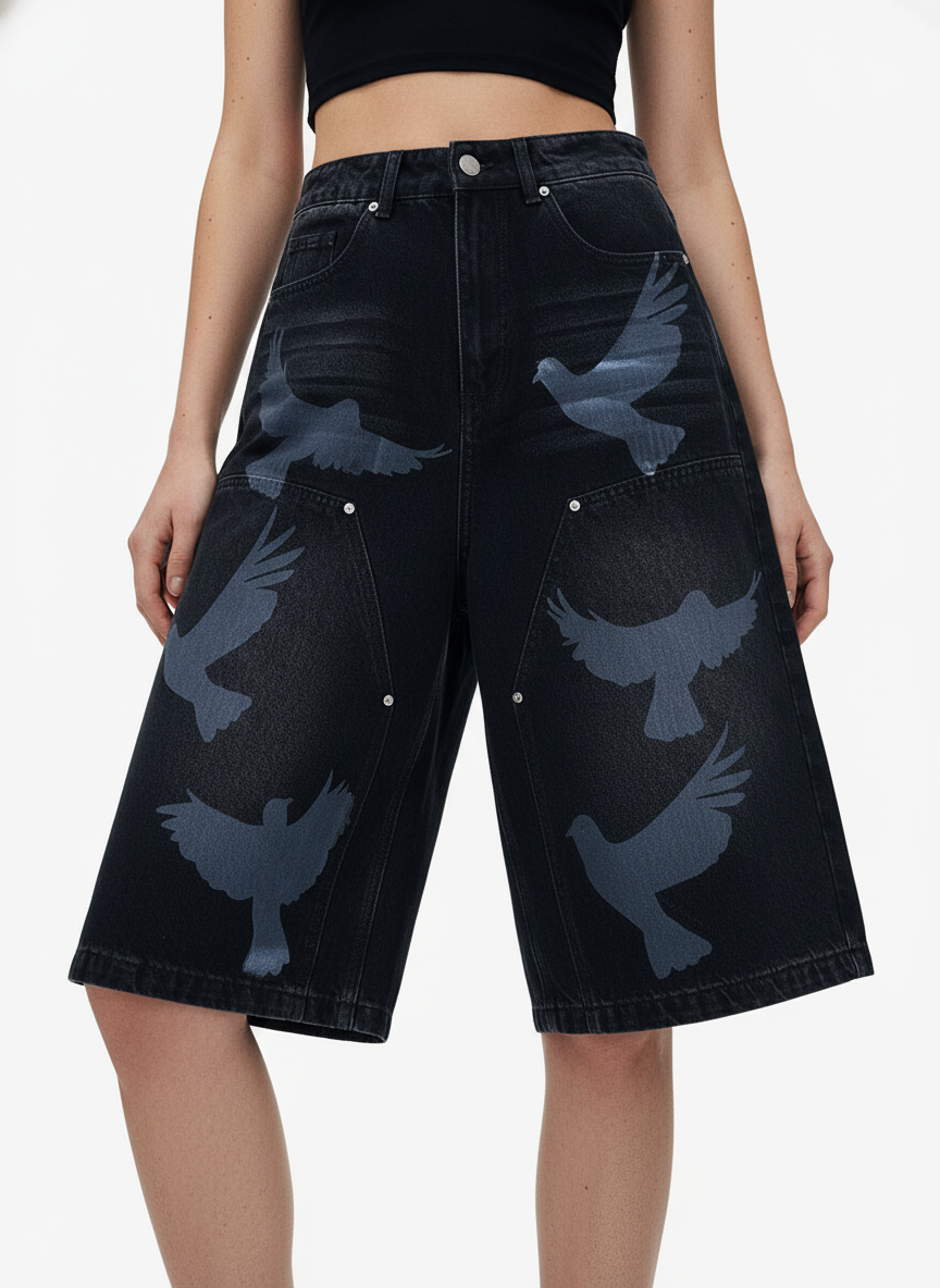 Distressed Dove-Print Denim Jort