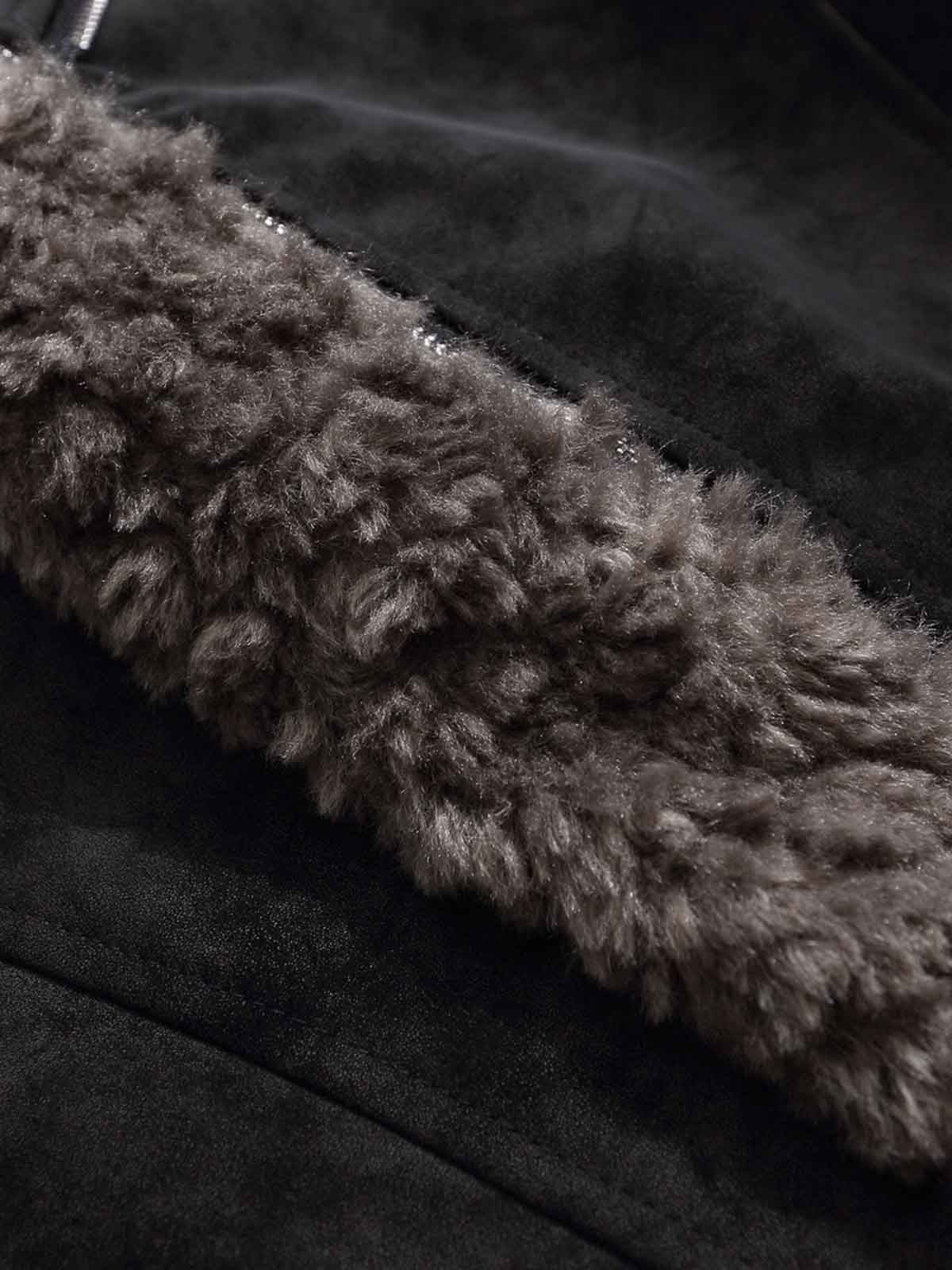 Retro Suede Texture Shearling Collar Fleece Bomber Jacket 