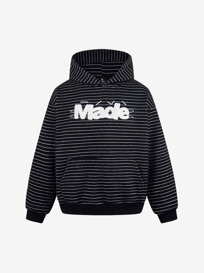 Cotton Blend Striped Hoodie with Embroidered "Made" Design for Men and Women 