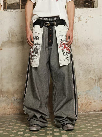 Stylish Wide-Leg Denim Trousers with Graphic Patches and Side Stripes 