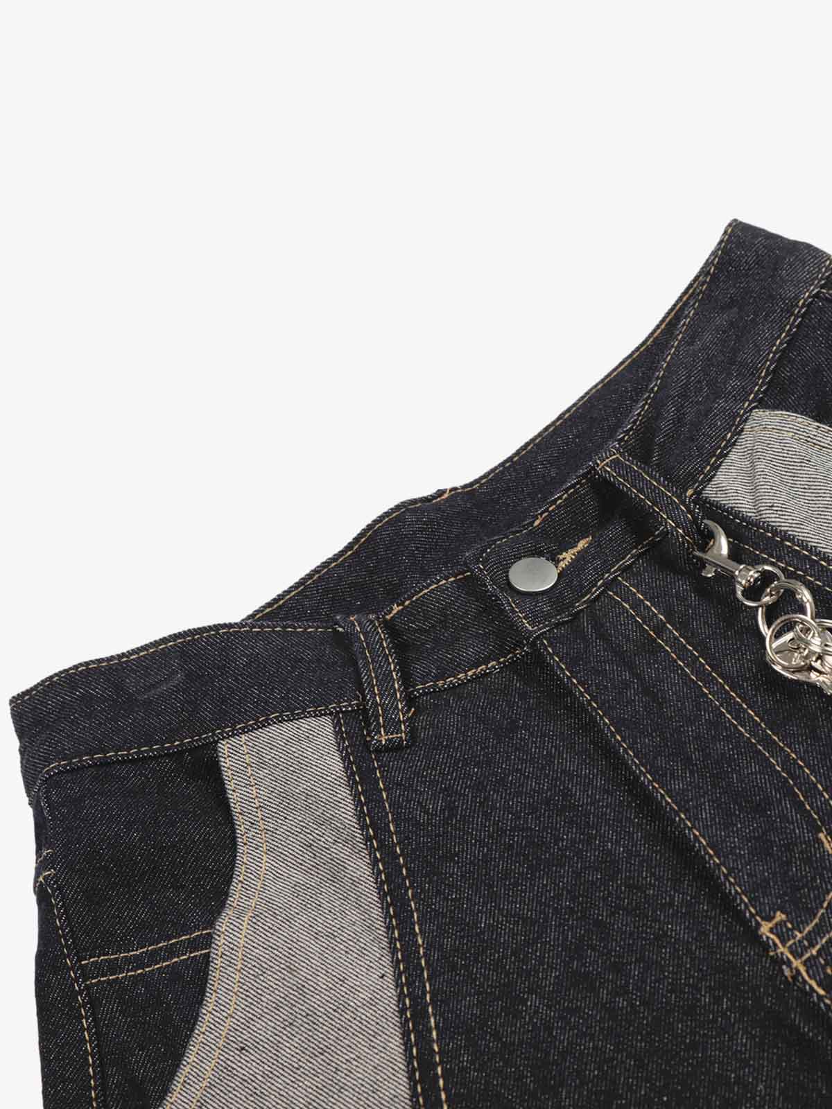 Denim Patchwork Wide Leg Pants with Leopard Star Charm and Side Pockets 