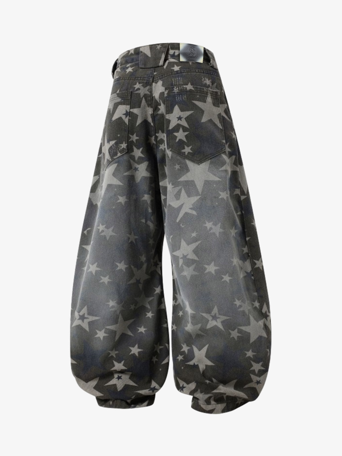Denim Star Print Wide Leg Pants with Elastic Cuff for Casual Streetwear 