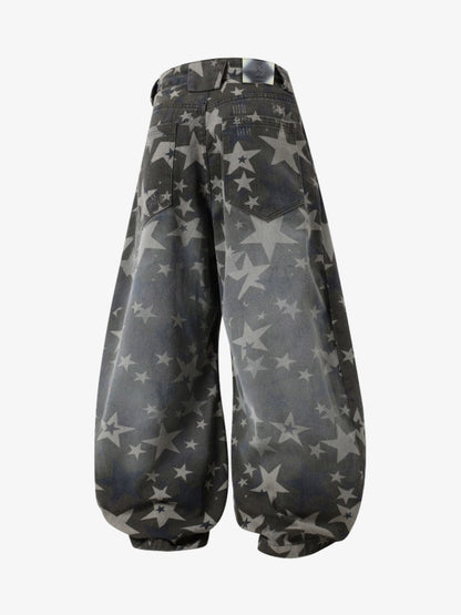 Denim Star Print Wide Leg Pants with Elastic Cuff for Casual Streetwear 