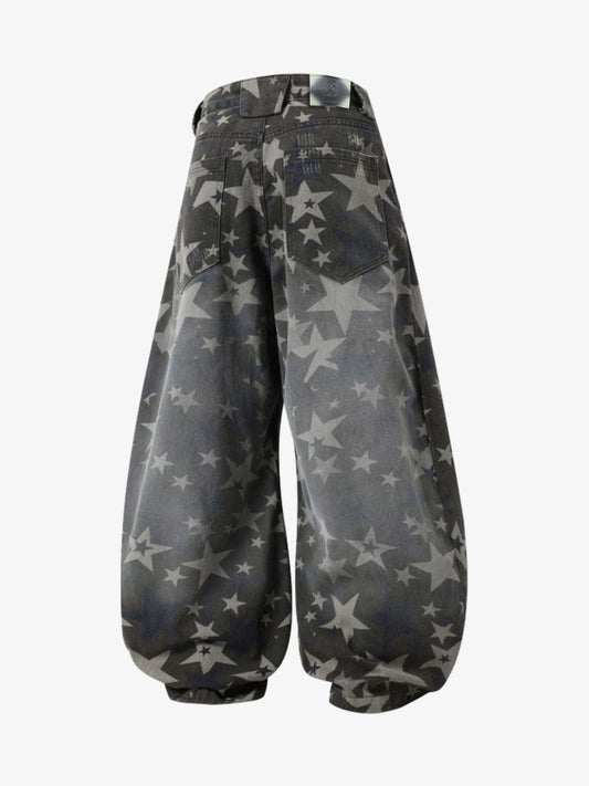 Denim Star Print Wide Leg Pants with Elastic Cuff for Casual Streetwear 