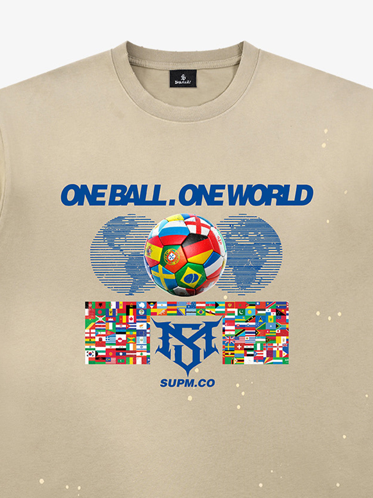 Unisex distressed loose-fitting cotton short-sleeved T-shirts featuring a "One ball, one world" slogan print and an ink-splatter wash finish. 
