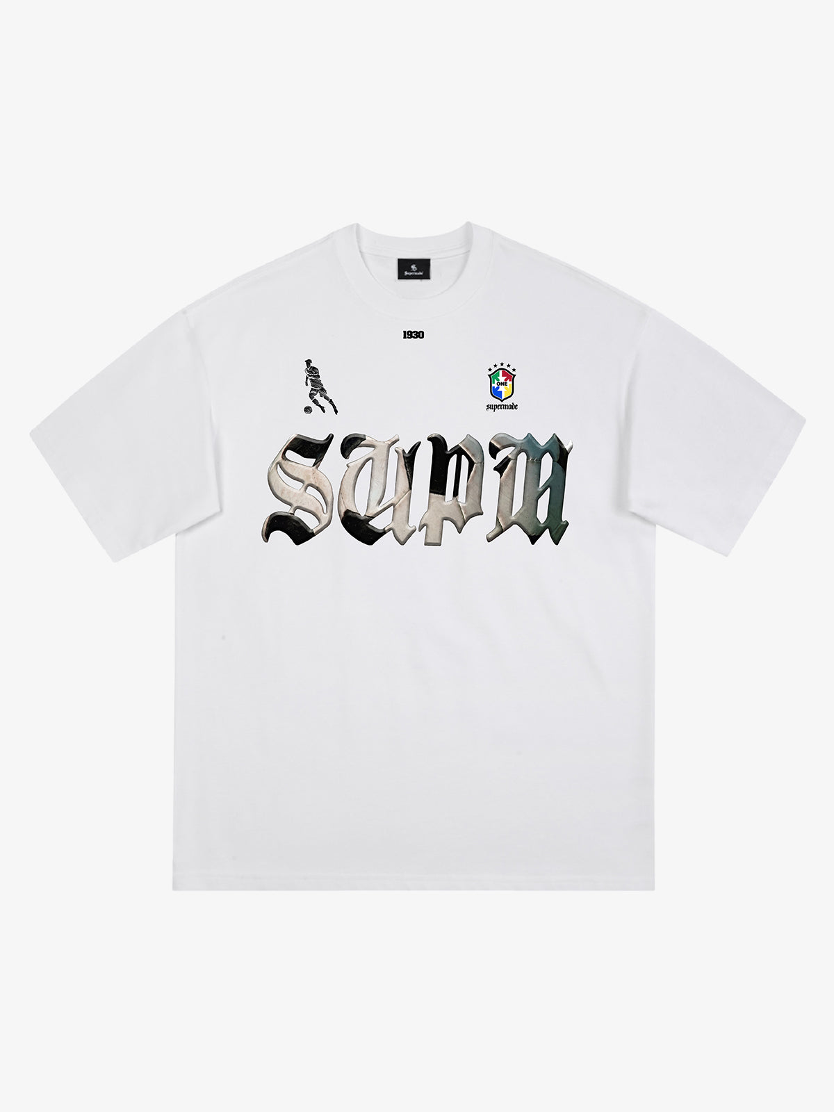 Cotton White Oversized T-Shirt with SUPA Gothic Print and Football Logo Design 