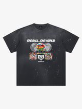 Unisex distressed loose-fitting cotton short-sleeved T-shirts featuring a "One ball, one world" slogan print and an ink-splatter wash finish. 