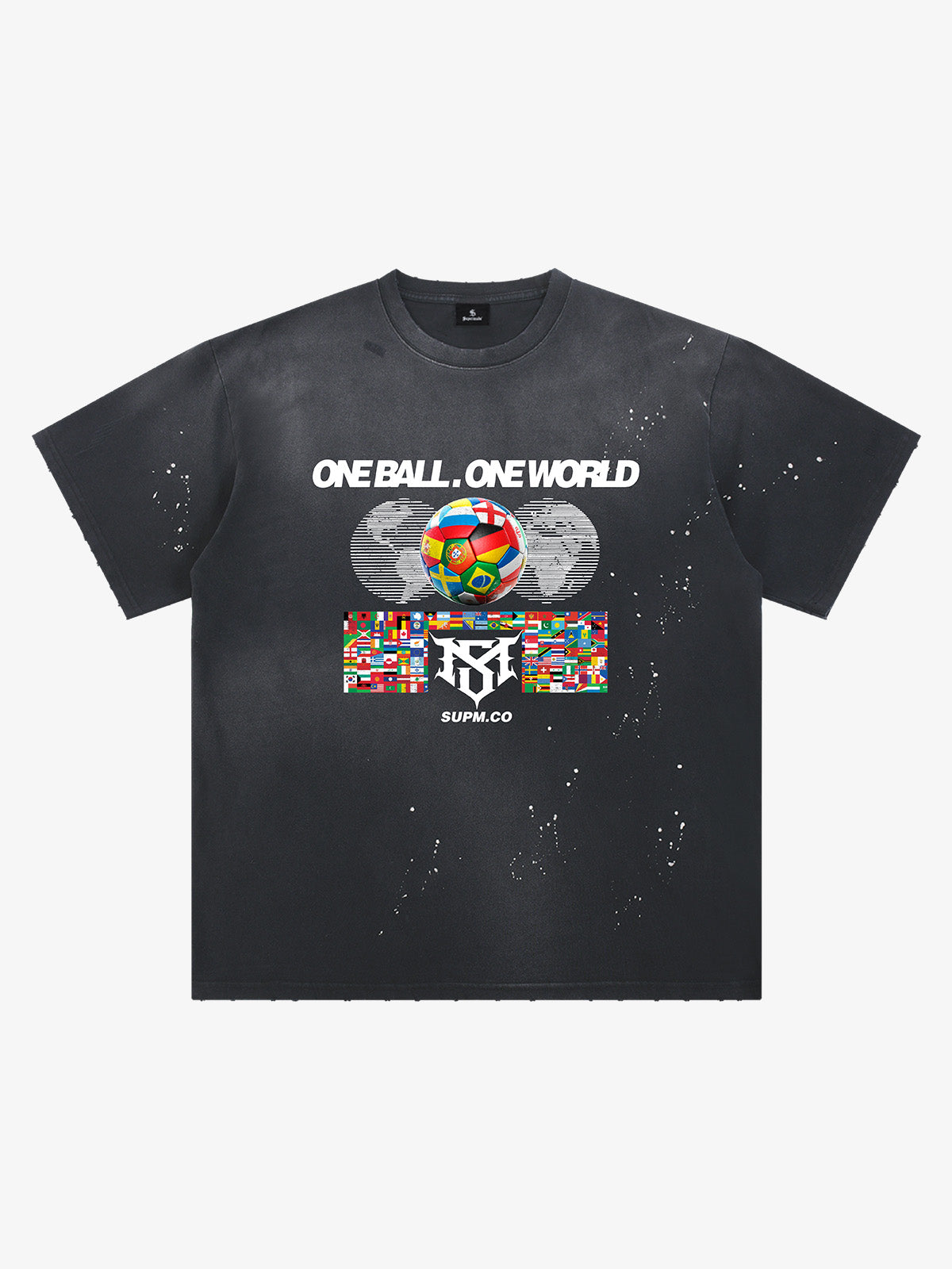 Unisex distressed loose-fitting cotton short-sleeved T-shirts featuring a "One ball, one world" slogan print and an ink-splatter wash finish. 