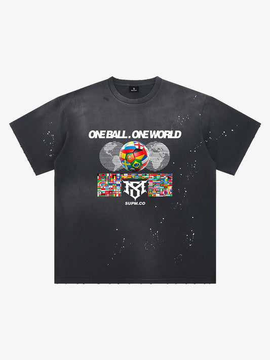 Unisex distressed loose-fitting cotton short-sleeved T-shirts featuring a "One ball, one world" slogan print and an ink-splatter wash finish. 